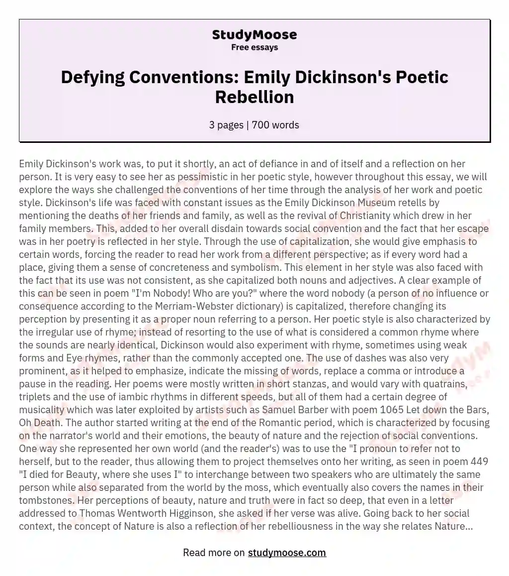 Defying Conventions: Emily Dickinson's Poetic Rebellion essay