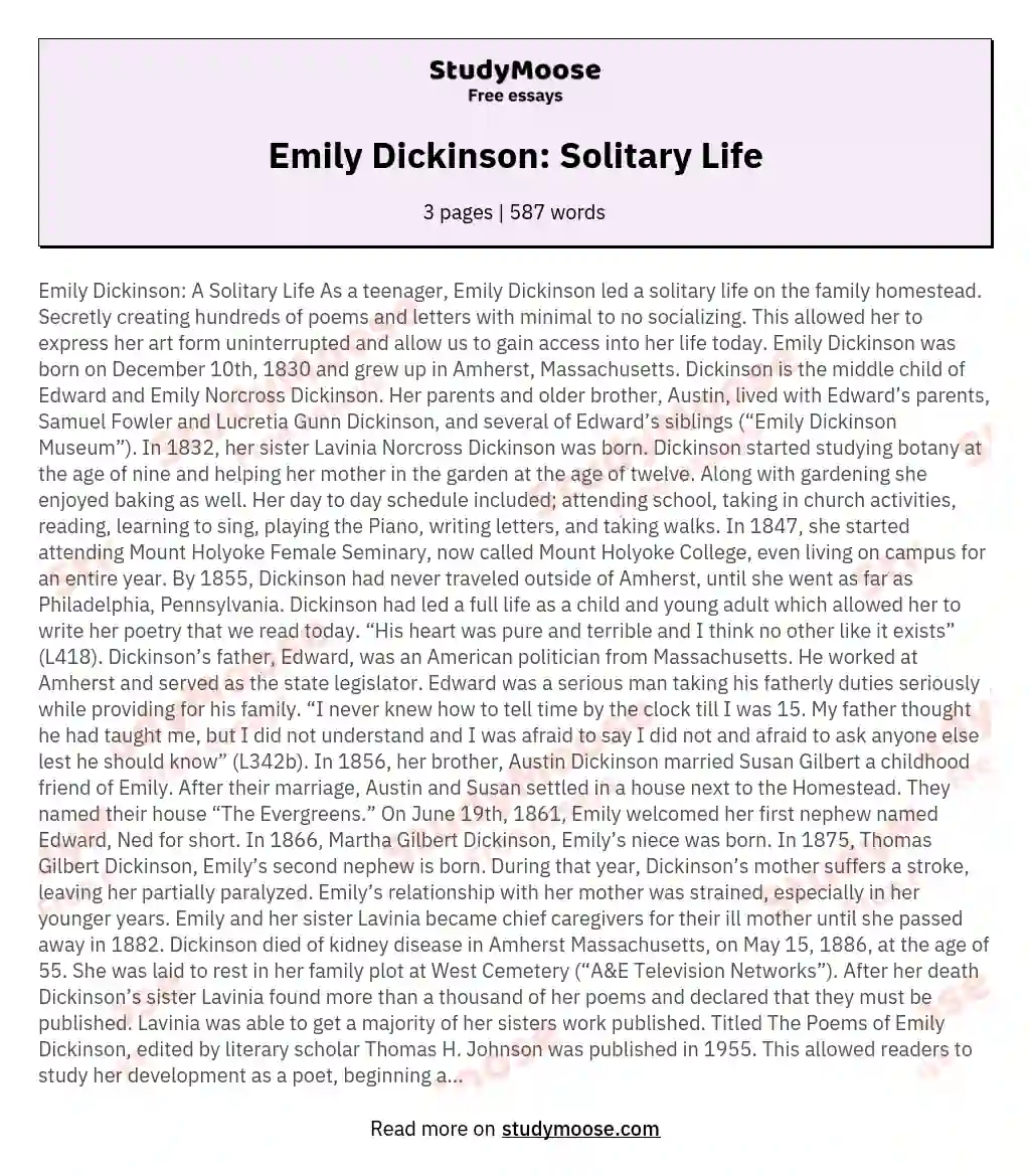 Emily Dickinson: Solitary Life essay