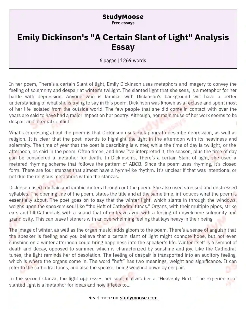 Emily Dickinson's "A Certain Slant of Light" Analysis Essay essay
