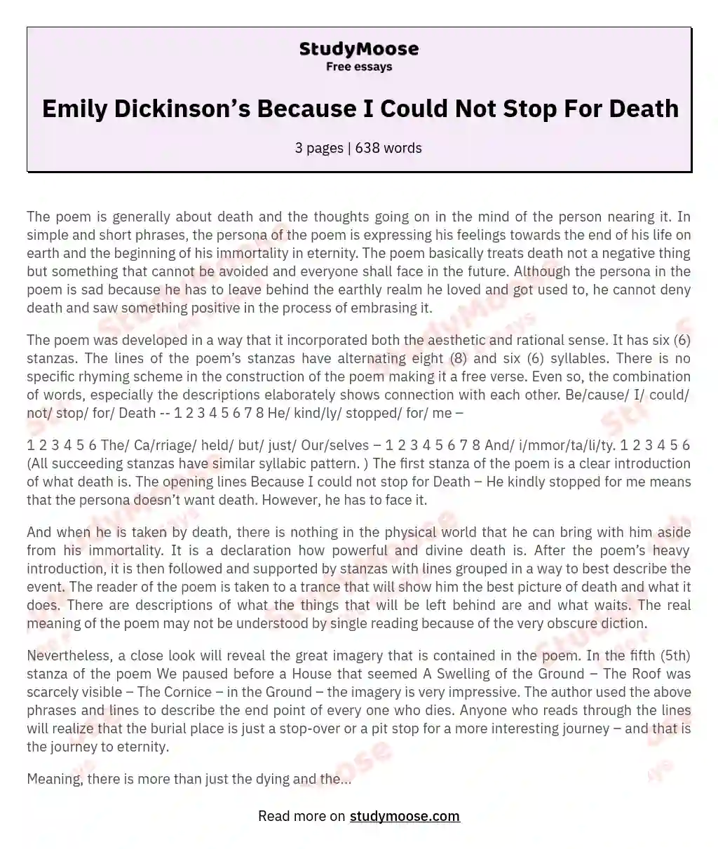 Emily Dickinson’s Because I Could Not Stop For Death