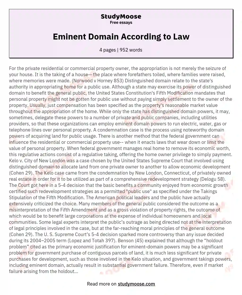 Eminent Domain According to Law essay