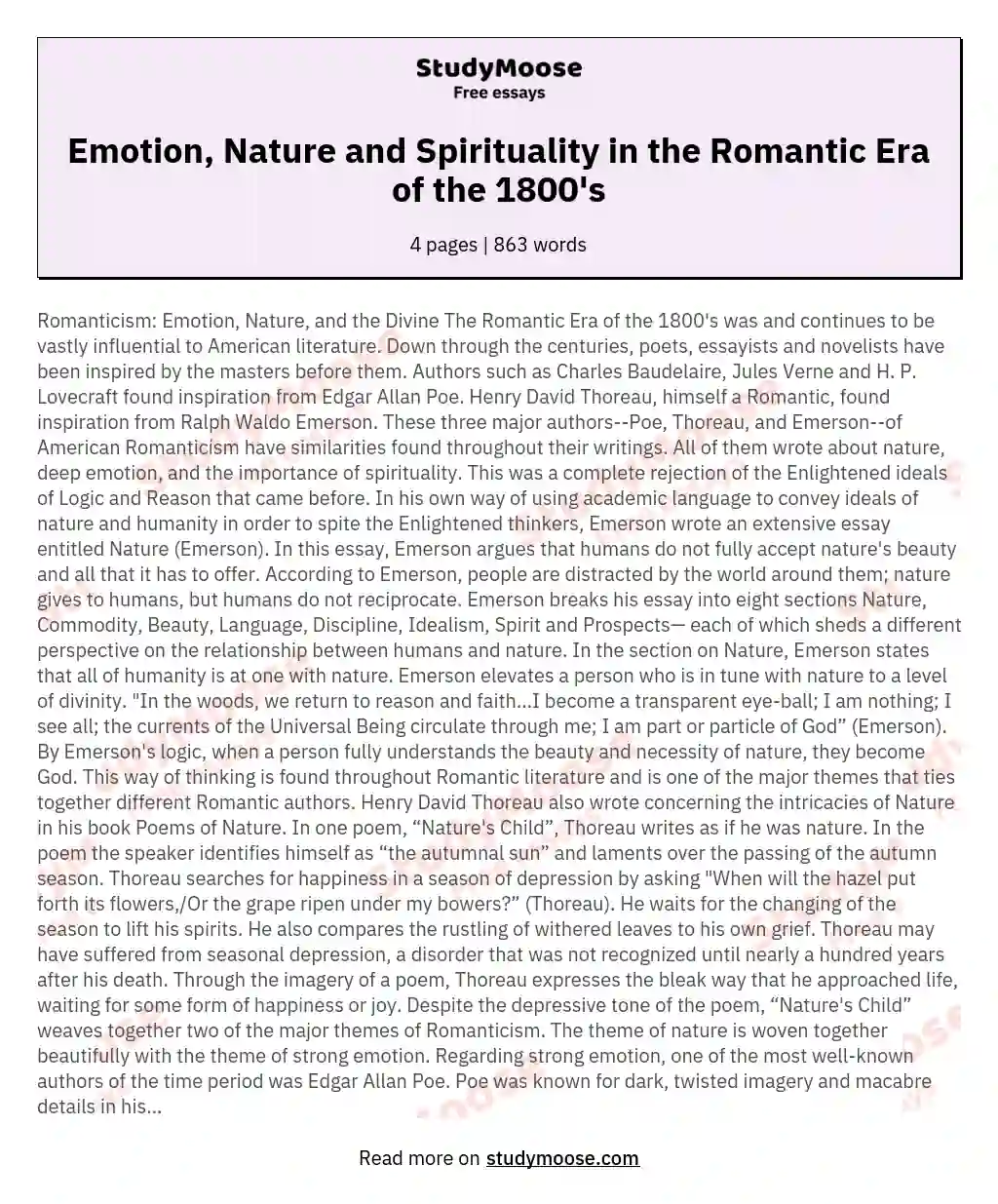 Emotion, Nature and Spirituality in the Romantic Era of the 1800's essay