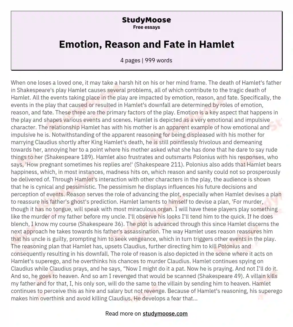 Emotion, Reason and Fate in Hamlet essay