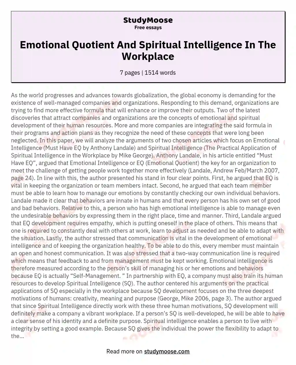 Emotional Quotient And Spiritual Intelligence In The Workplace essay
