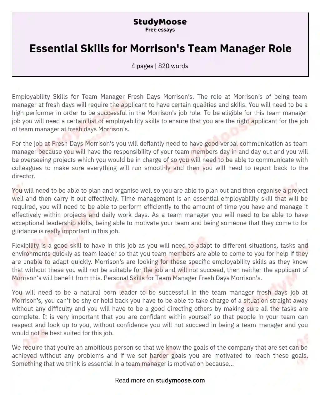 Essential Skills for Morrison's Team Manager Role essay