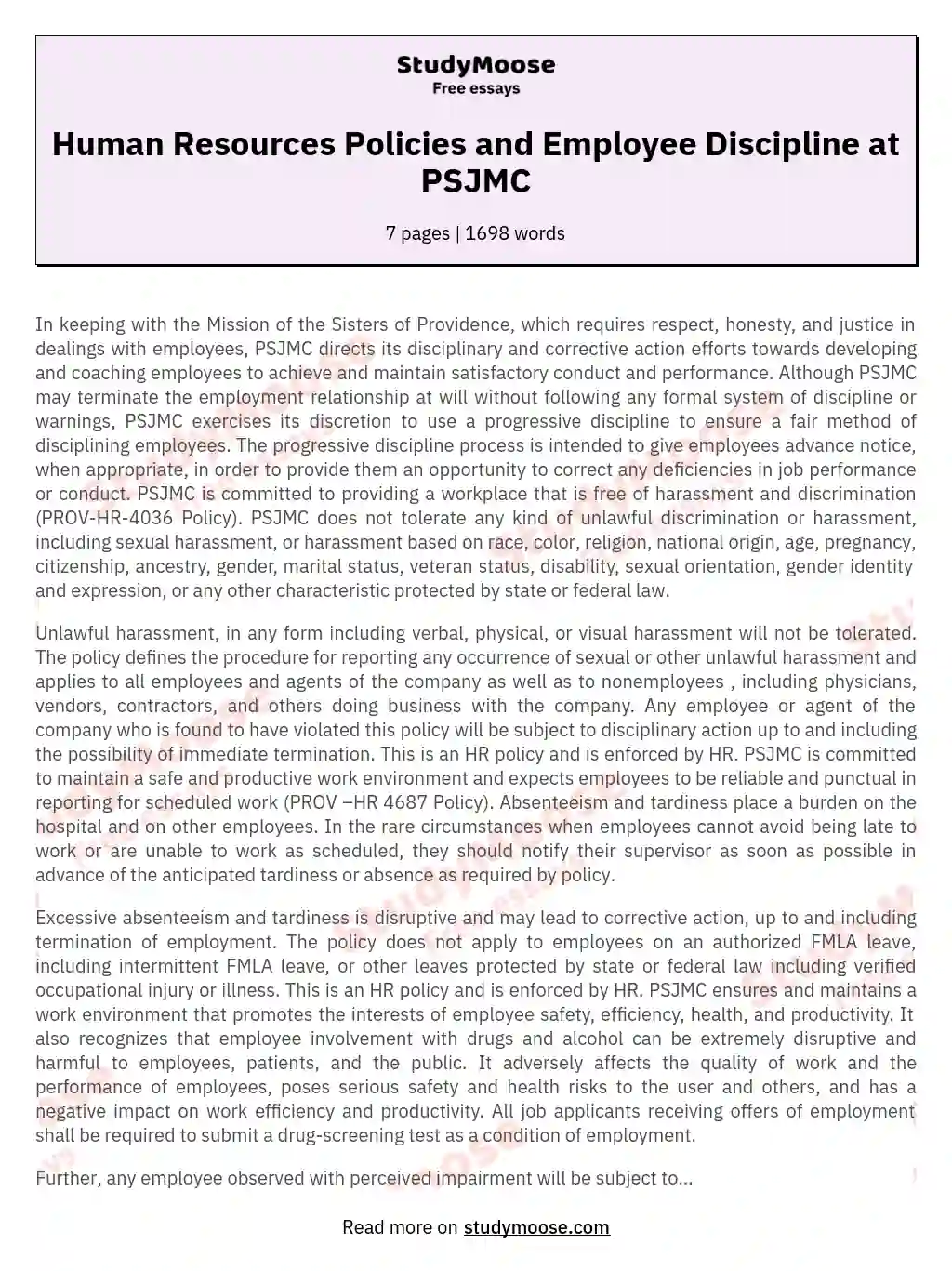 Human Resources Policies and Employee Discipline at PSJMC essay