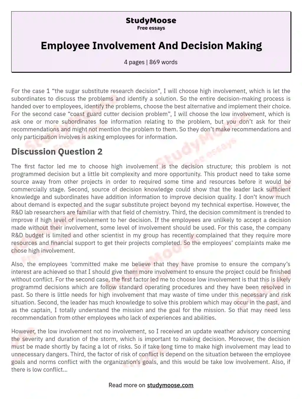 Employee Involvement And Decision Making essay