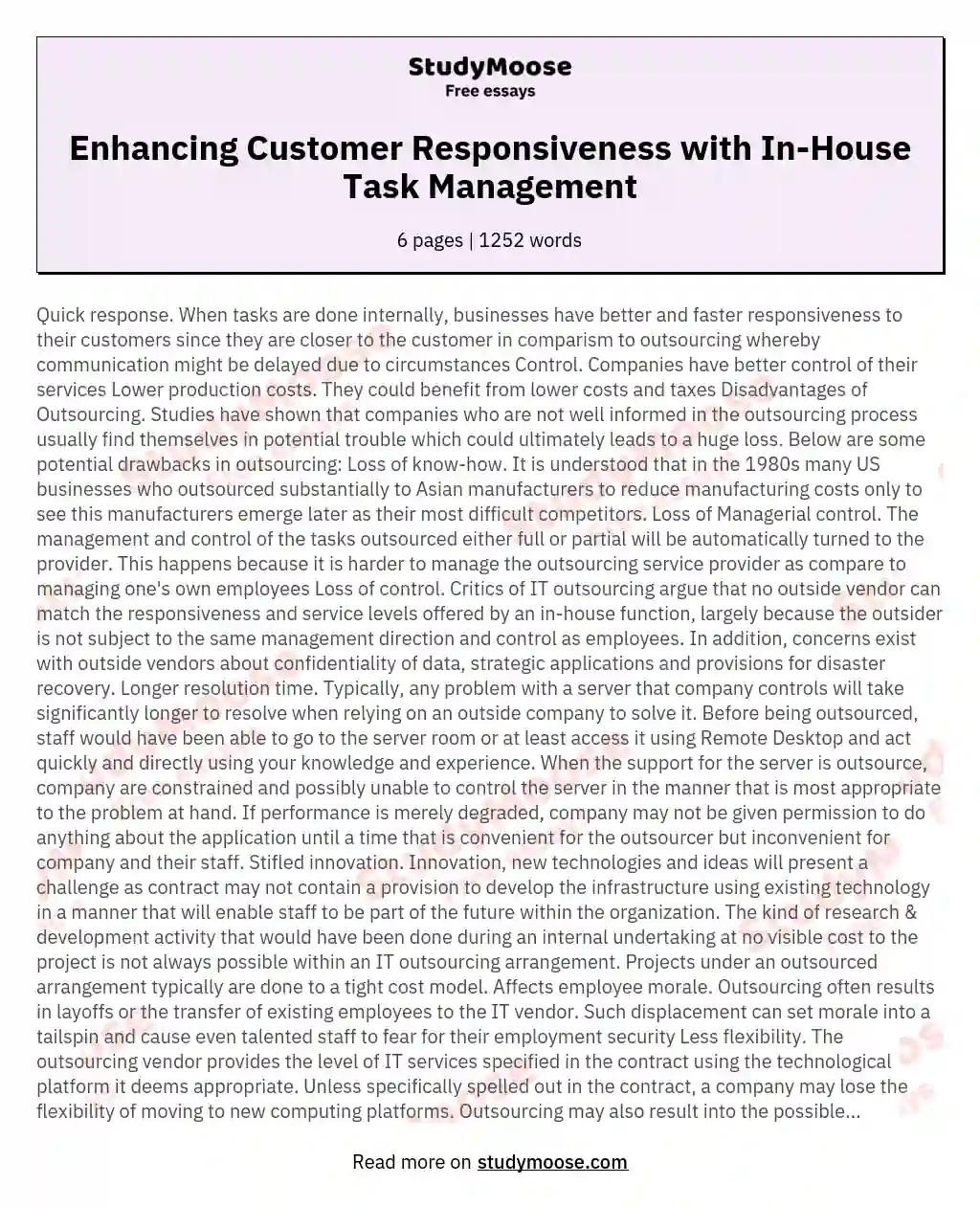 Enhancing Customer Responsiveness with In-House Task Management essay