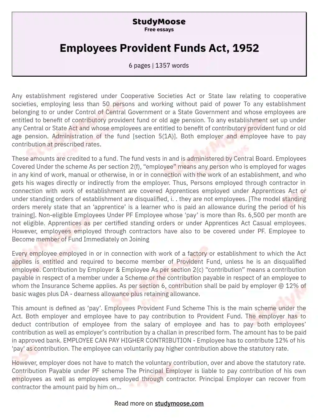 Employees Provident Funds Act, 1952 essay