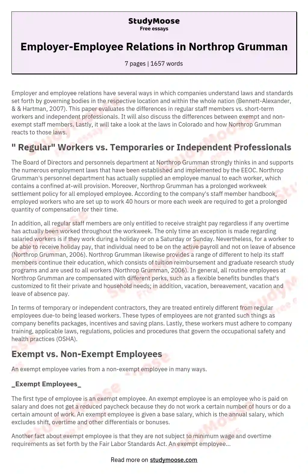 Employer-Employee Relations in Northrop Grumman essay