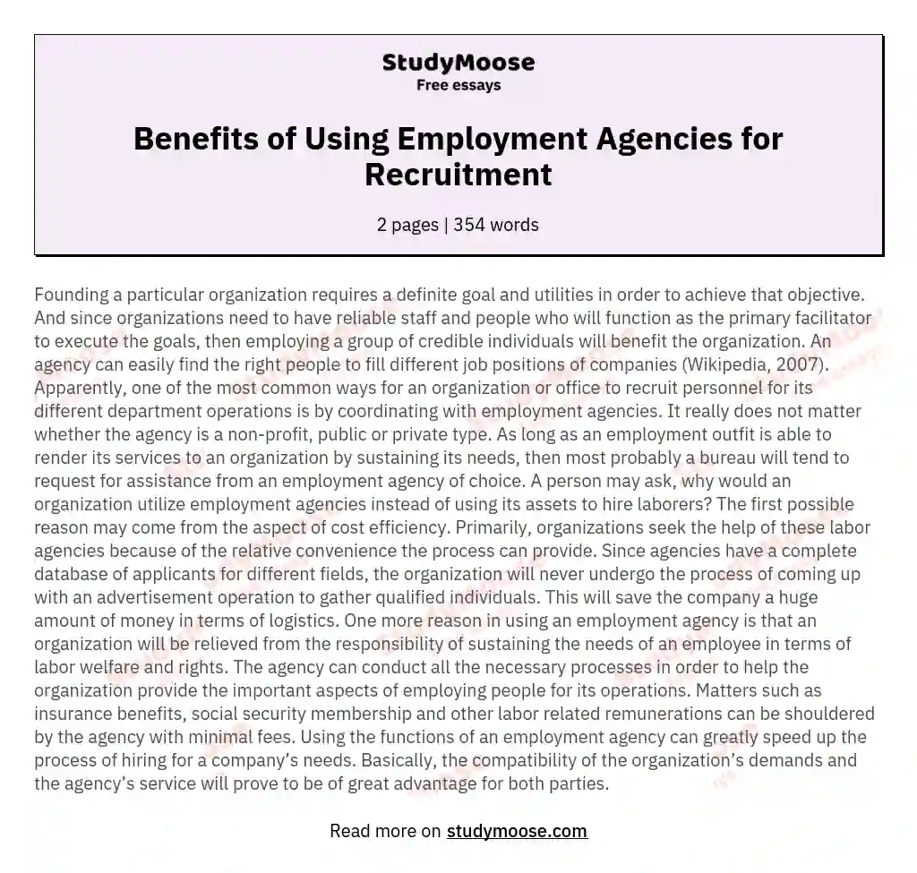 Benefits of Using Employment Agencies for Recruitment essay