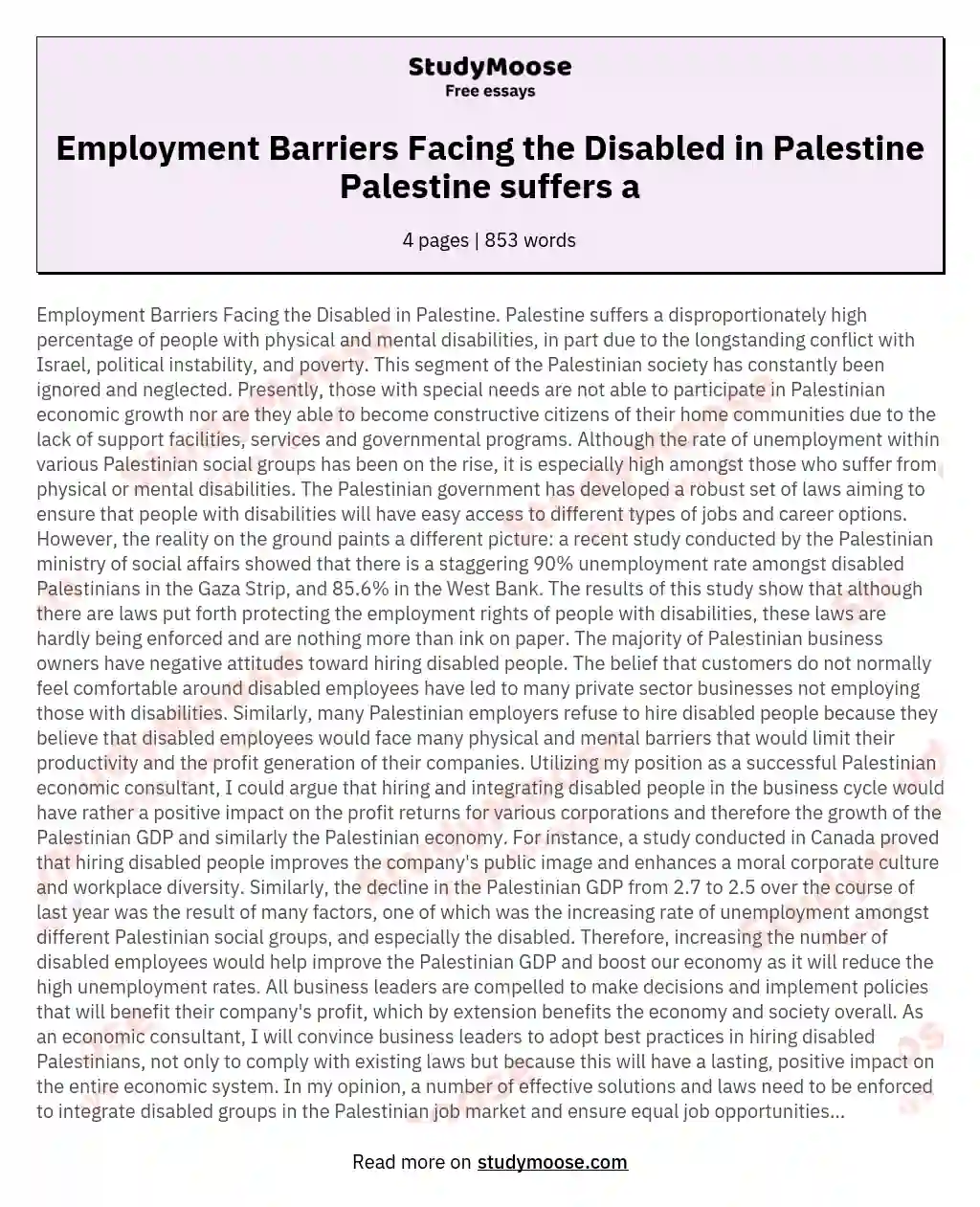 Employment Barriers Facing the Disabled in Palestine Palestine suffers a essay