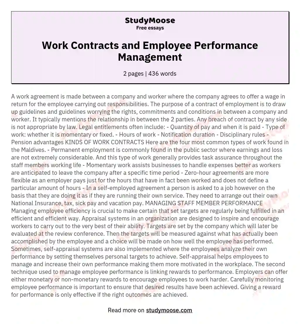 Work Contracts and Employee Performance Management essay