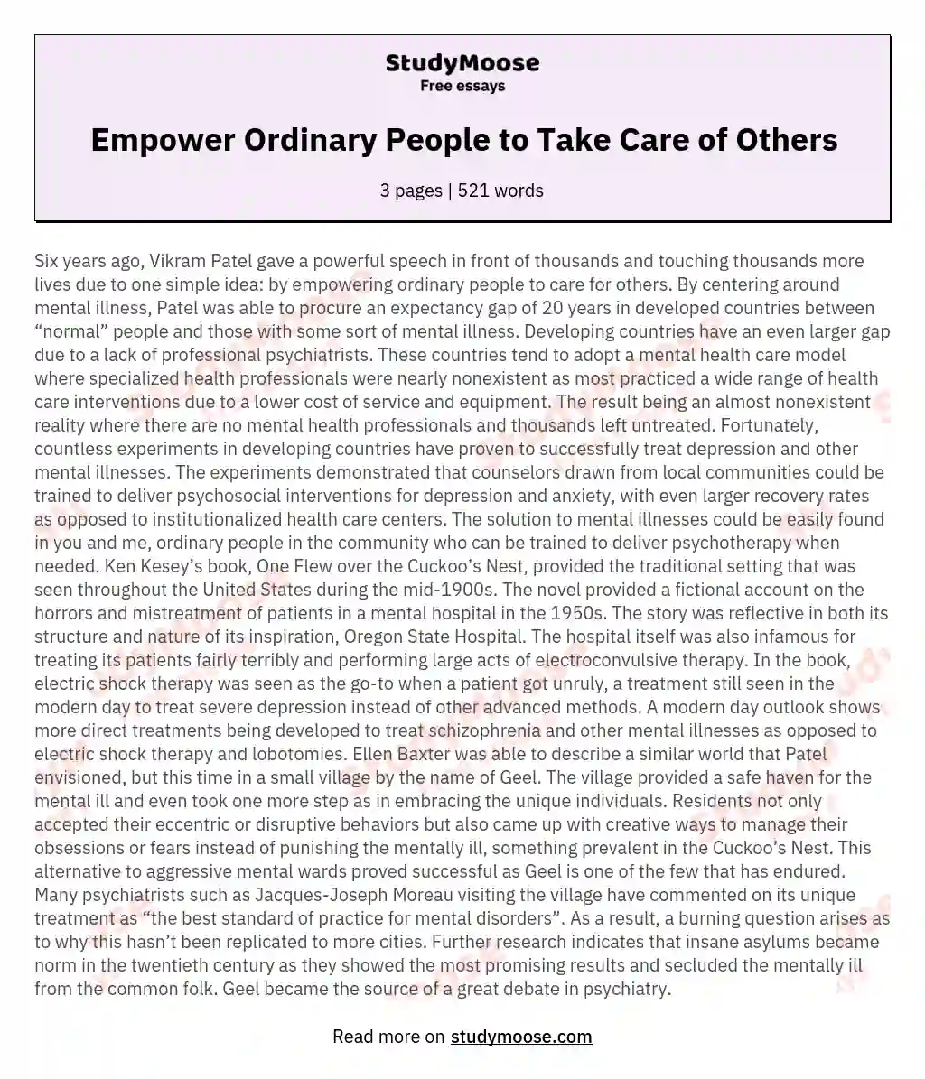 Empower Ordinary People to Take Care of Others essay