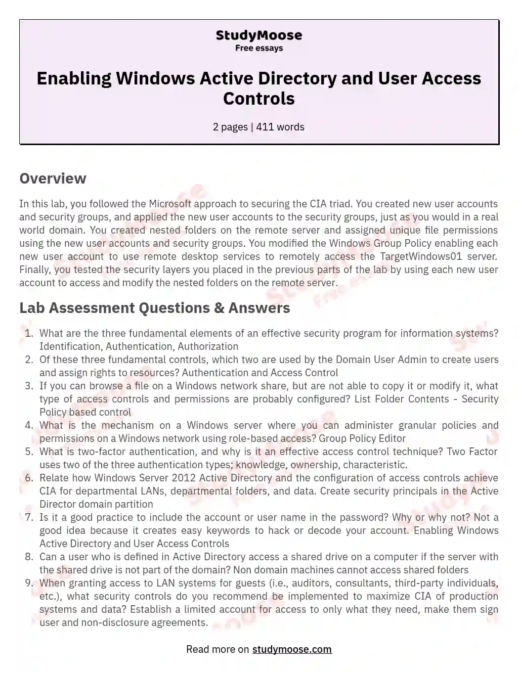 Enabling Windows Active Directory and User Access Controls essay