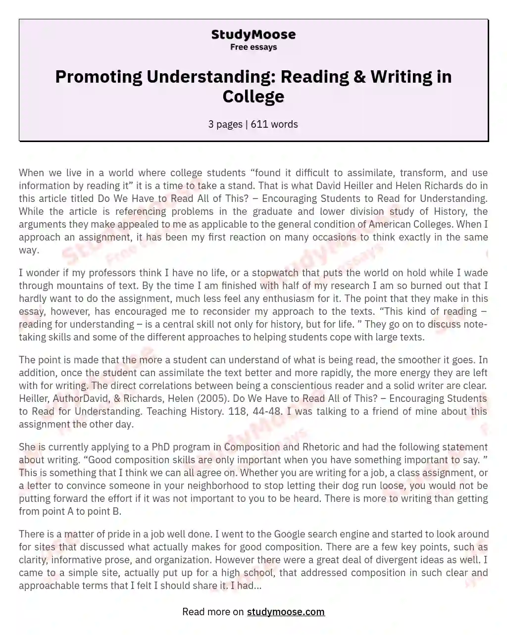 Promoting Understanding: Reading & Writing in College essay