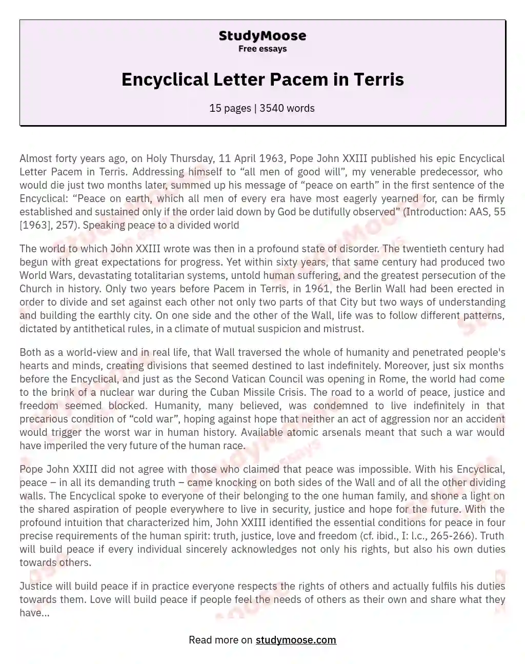 Encyclical Letter Pacem in Terris essay