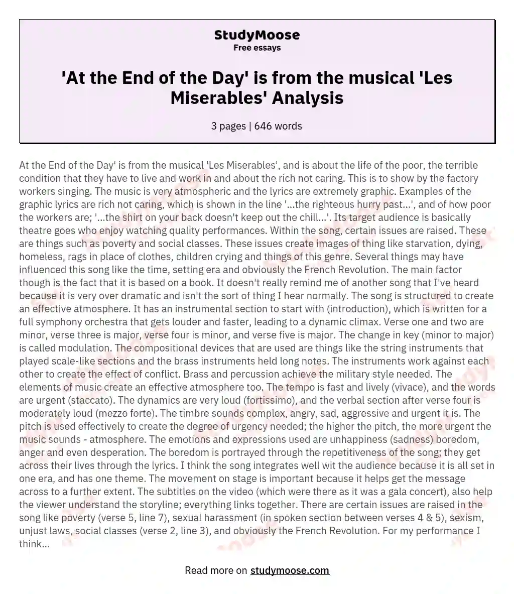 'At the End of the Day' is from the musical 'Les Miserables' Analysis essay