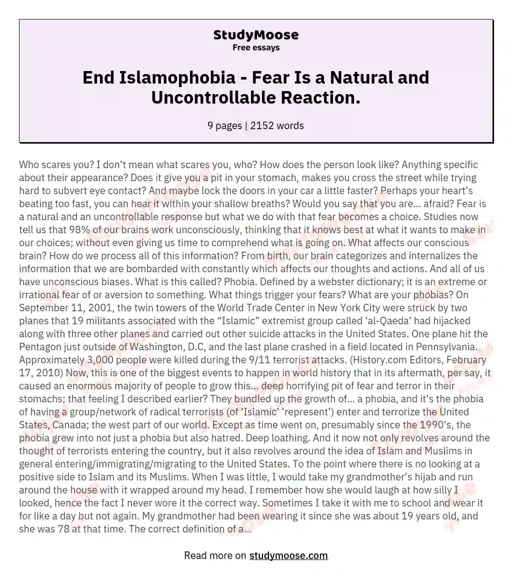 End Islamophobia - Fear Is a Natural and Uncontrollable Reaction. essay