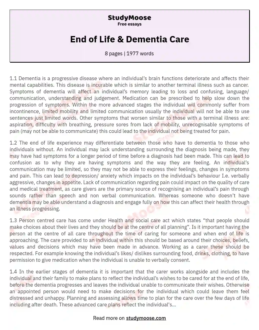 End of Life & Dementia Care essay