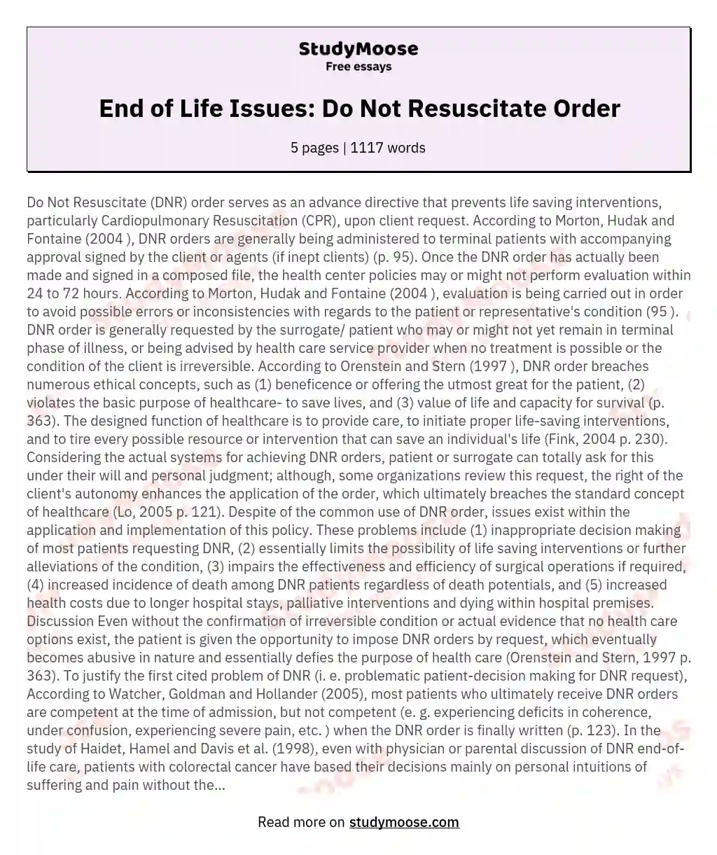 End of Life Issues: Do Not Resuscitate Order essay