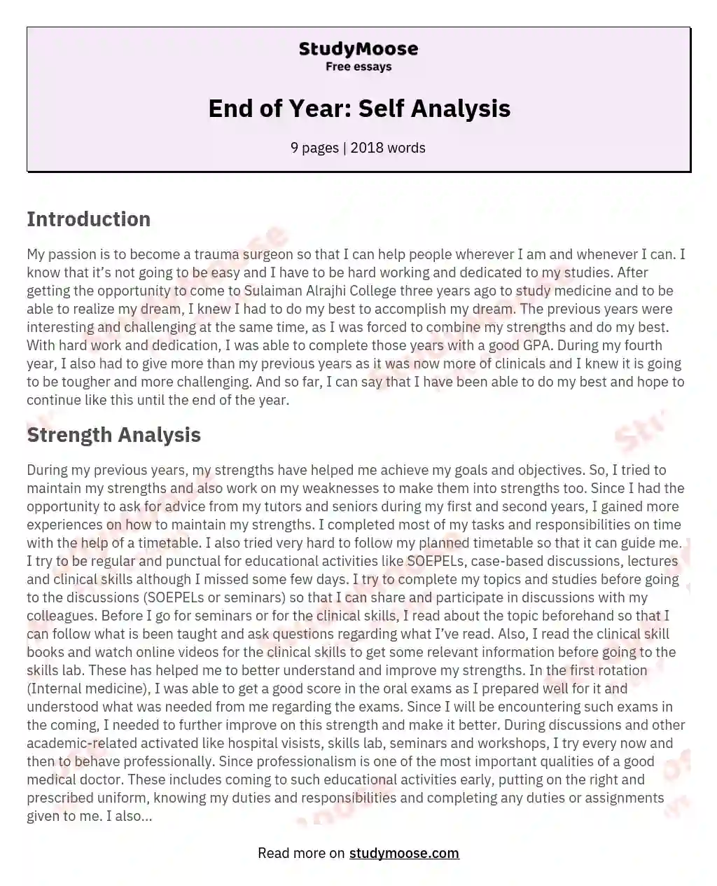 End of Year: Self Analysis essay