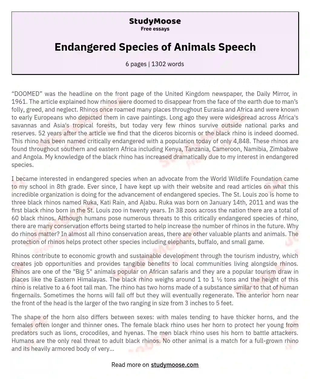 Endangered Species of Animals Speech