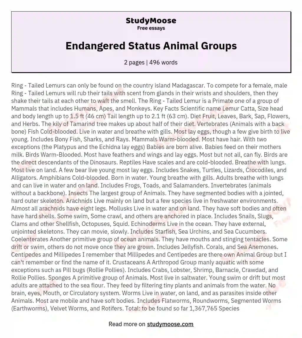 Endangered Status Animal Groups essay