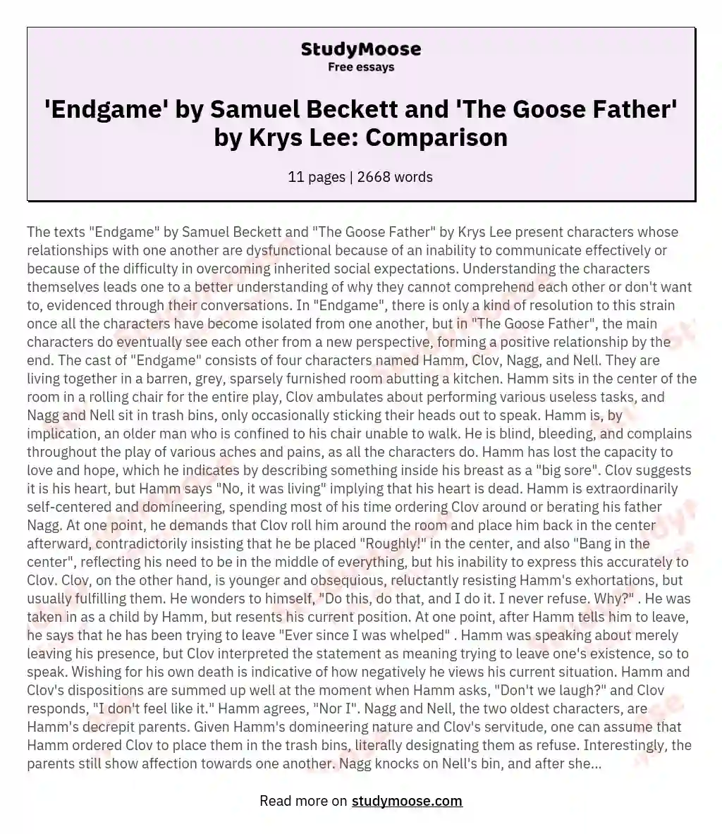 'Endgame' by Samuel Beckett and 'The Goose Father' by Krys Lee: Comparison essay