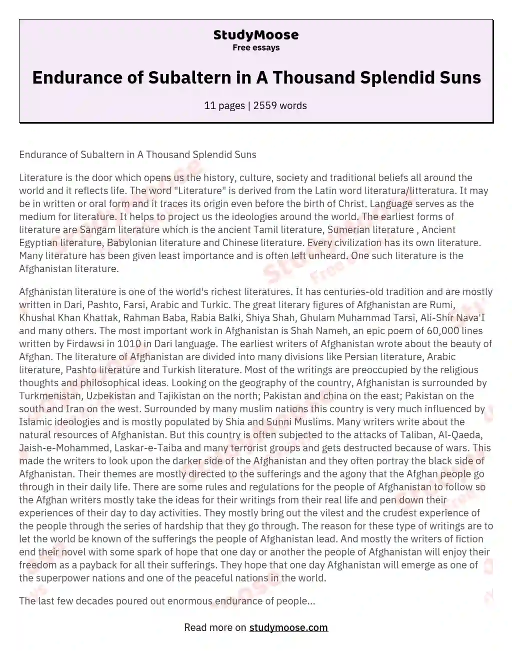 Endurance of Subaltern in A Thousand Splendid Suns