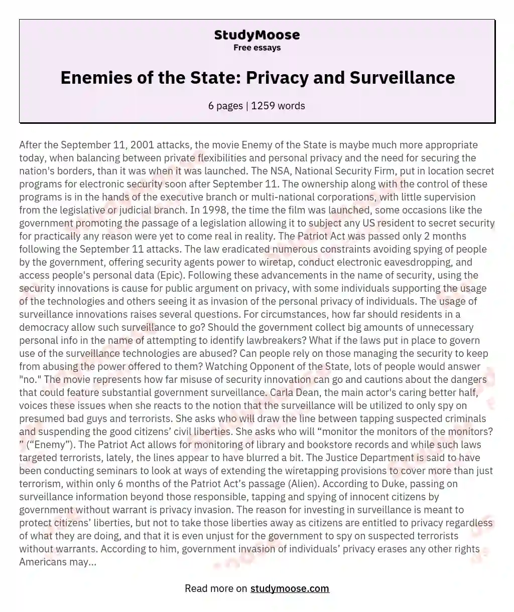 Enemies of the State: Privacy and Surveillance essay
