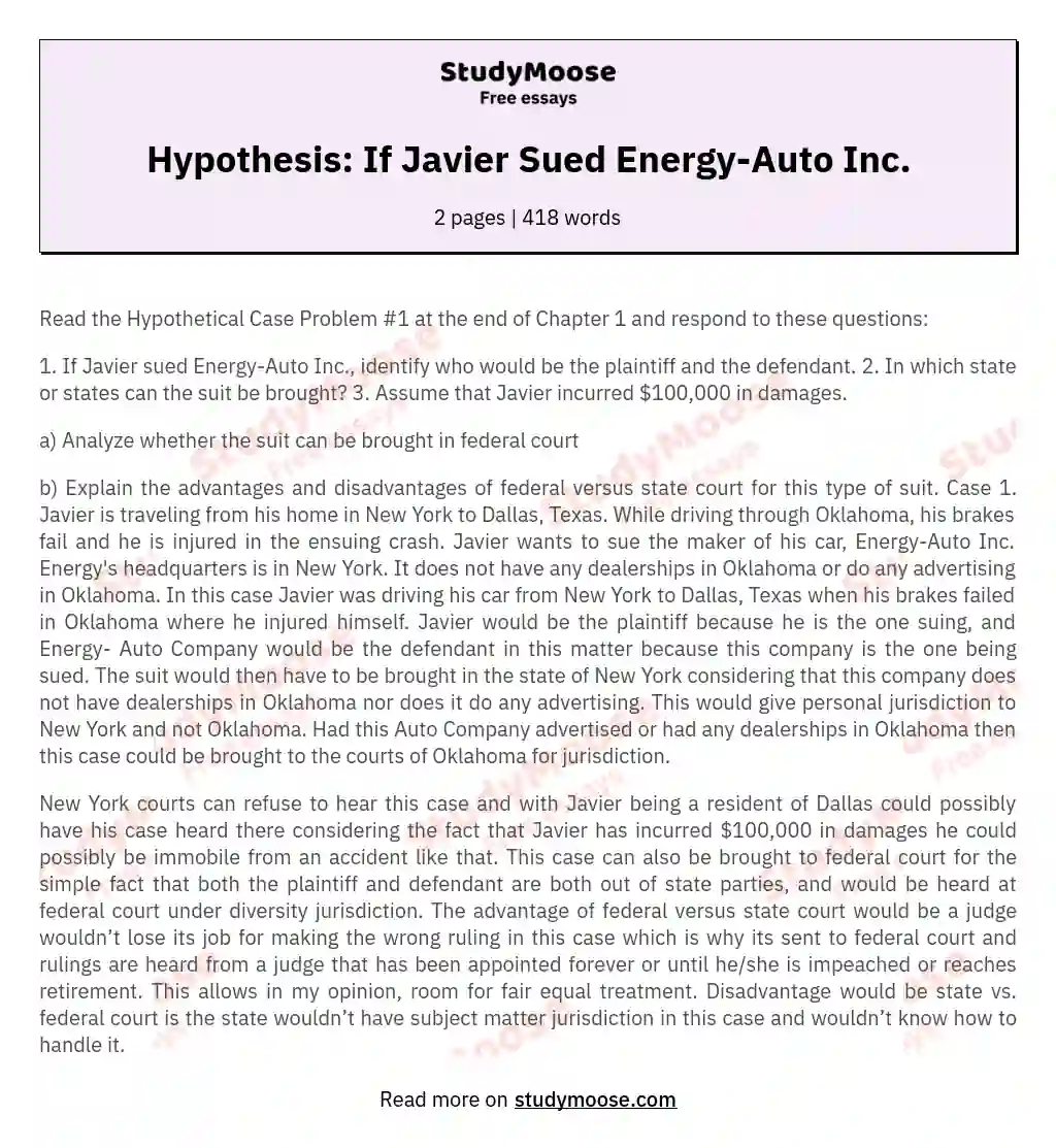 Hypothesis: If Javier Sued Energy-Auto Inc.