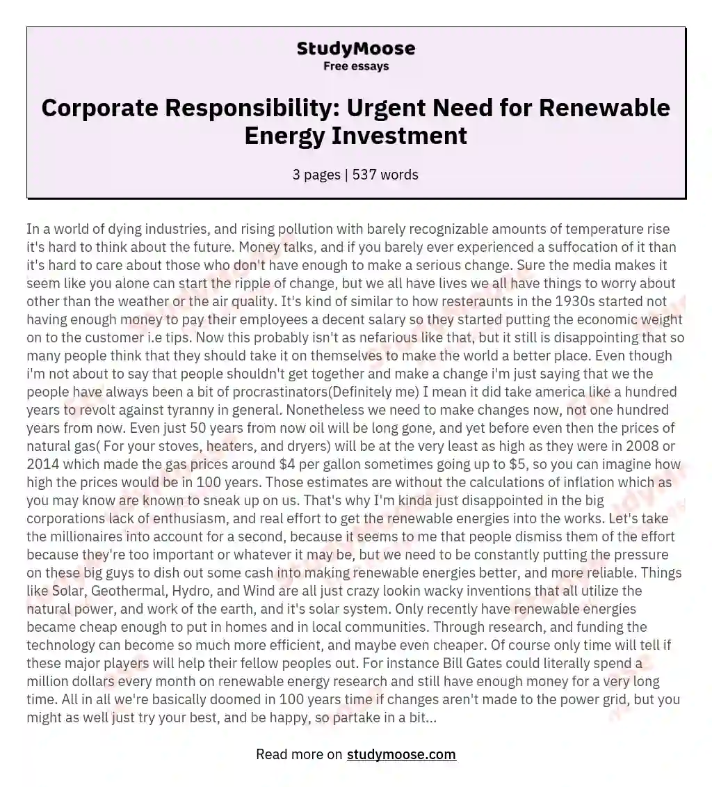 Corporate Responsibility: Urgent Need for Renewable Energy Investment essay
