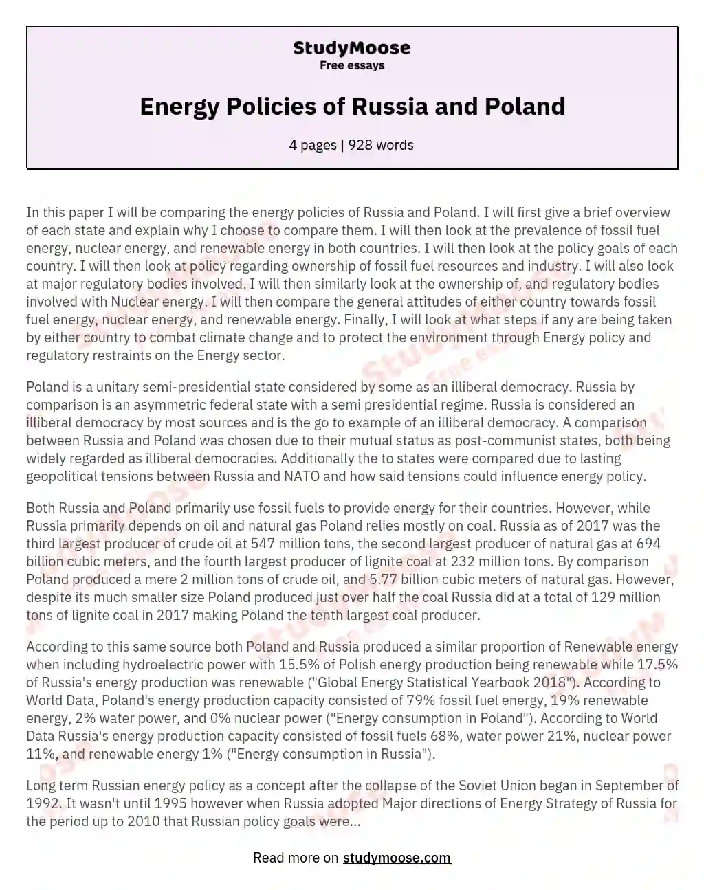 Energy Policies of Russia and Poland essay