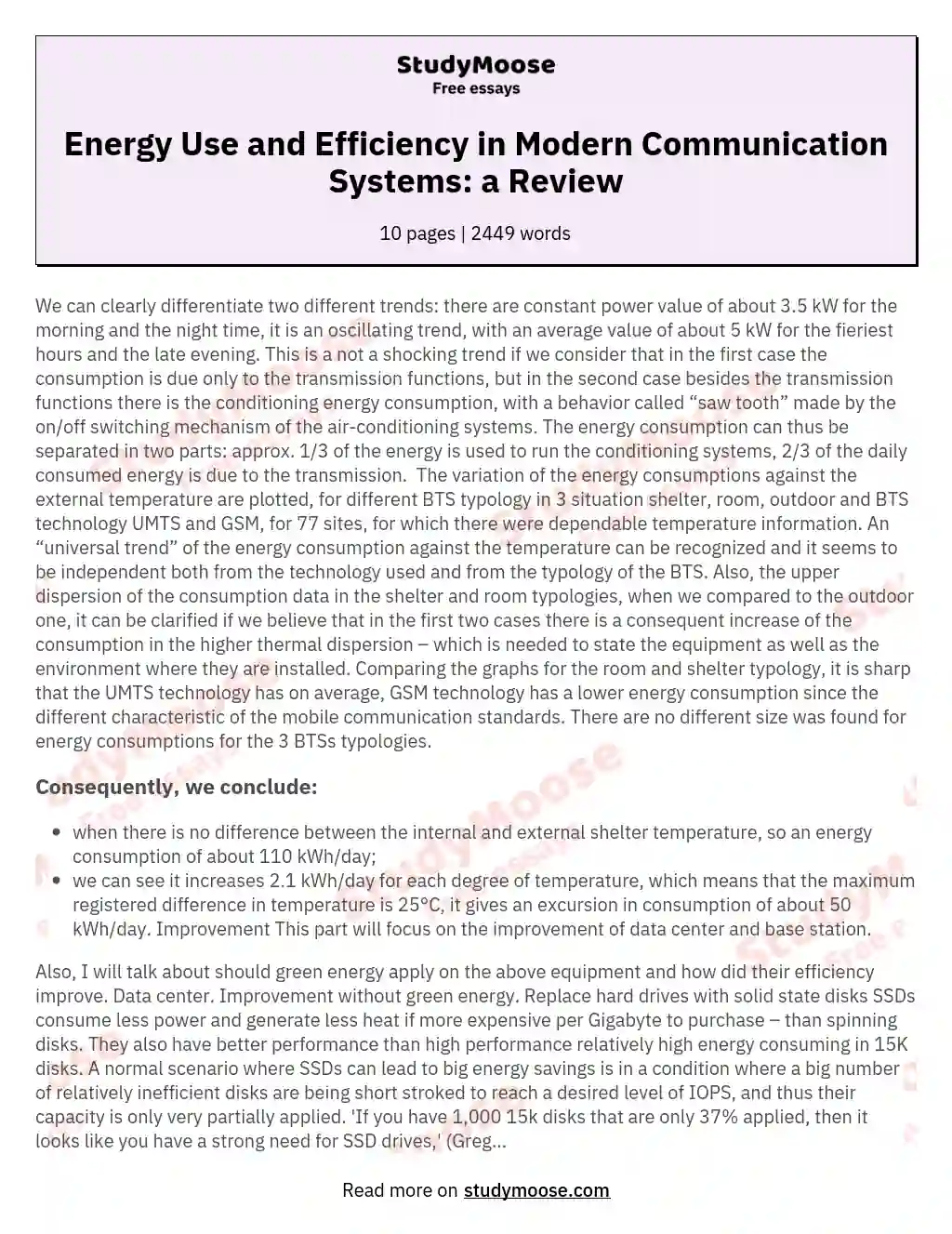 Energy Use and Efficiency in Modern Communication Systems: a Review essay