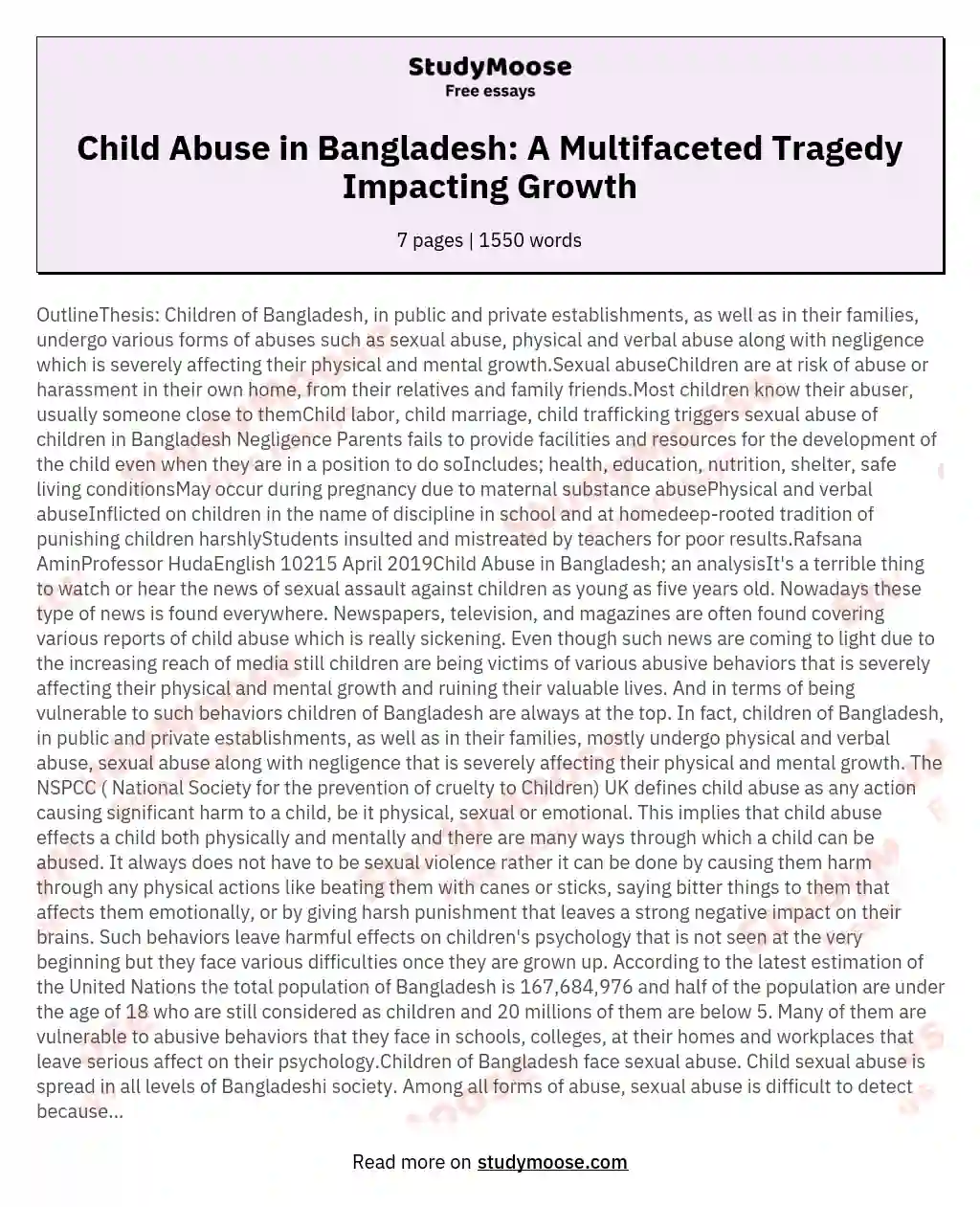 Child Abuse in Bangladesh: A Multifaceted Tragedy Impacting Growth essay