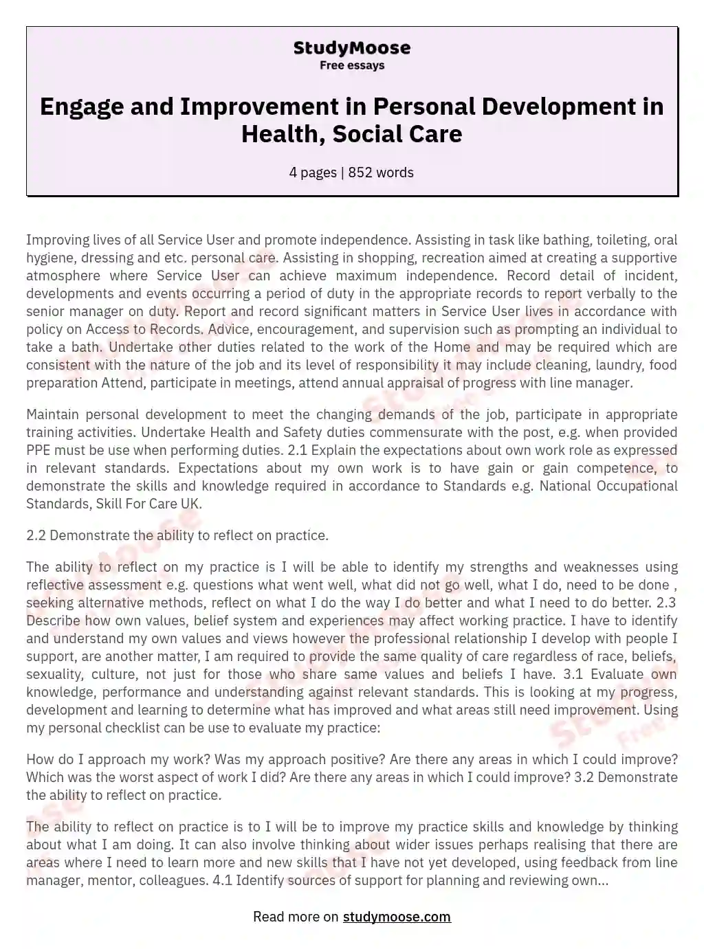 Engage and Improvement in Personal Development in Health, Social Care
