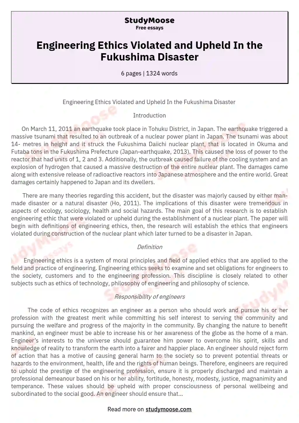 Engineering Ethics Violated and Upheld In the Fukushima Disaster essay