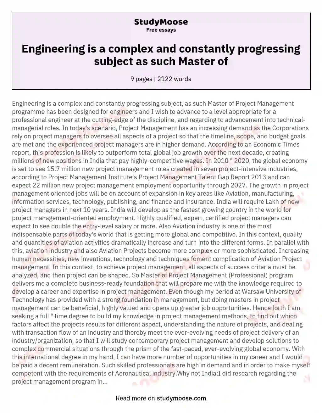 Engineering is a complex and constantly progressing subject as such Master of essay