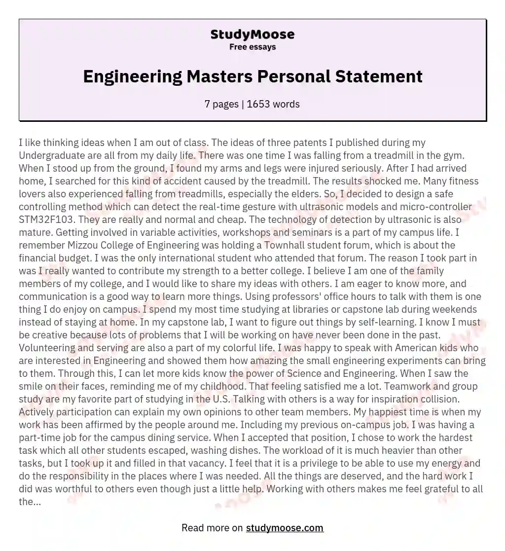 Engineering Masters Personal Statement essay