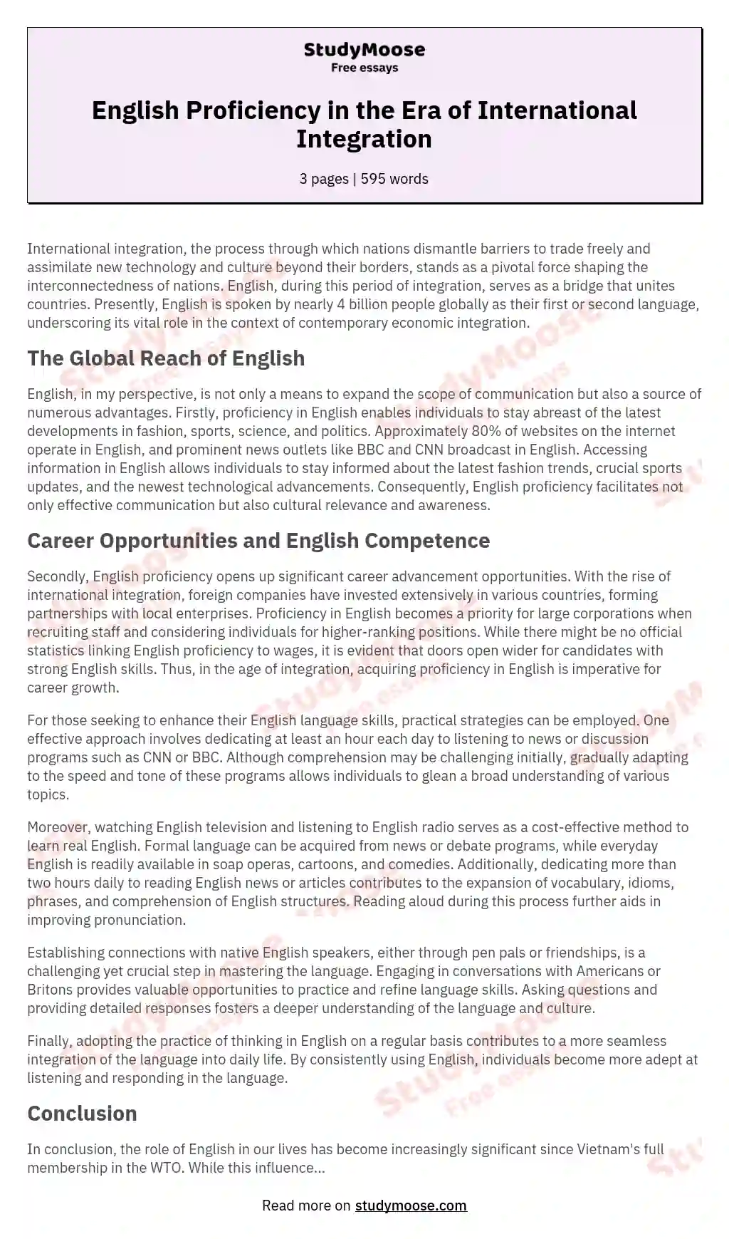 English Proficiency in the Era of International Integration essay