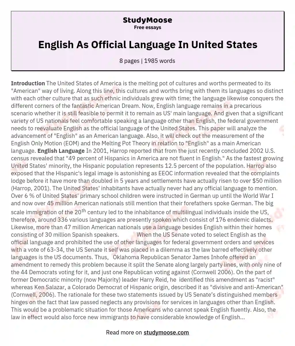 English As Official Language In United States essay