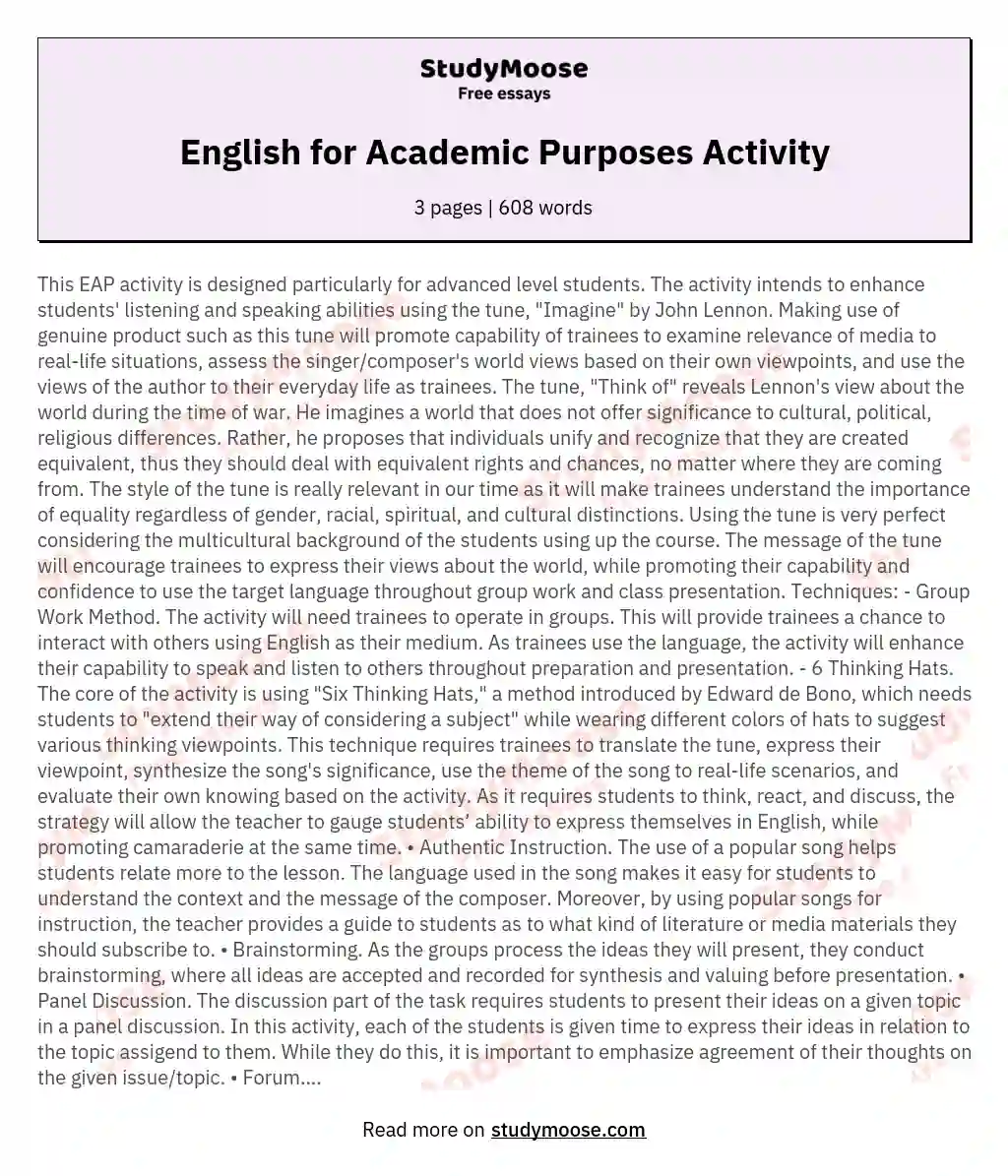 English for Academic Purposes Activity