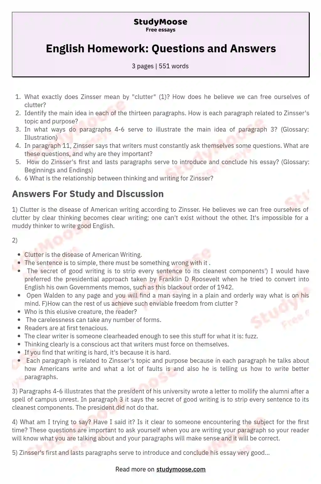 English Homework: Questions and Answers essay