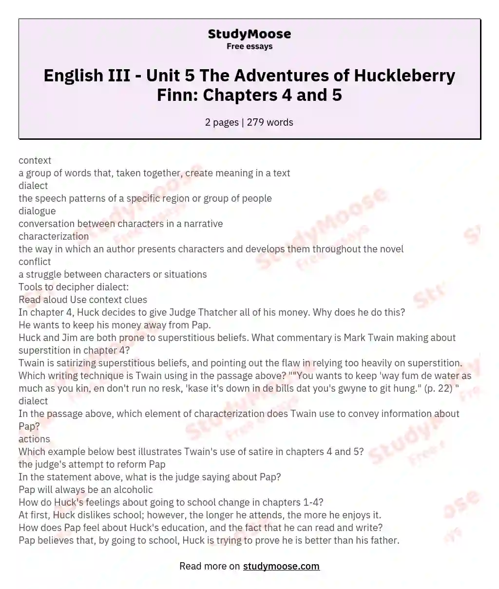 English III - Unit 5  The Adventures of Huckleberry Finn: Chapters 4 and 5 essay
