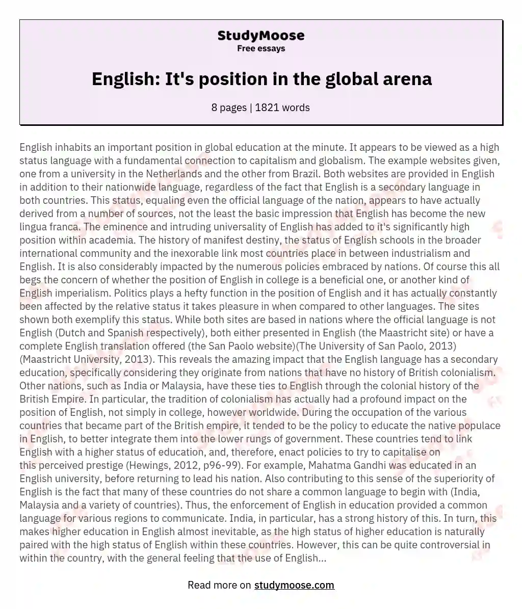 English: It's position in the global arena essay