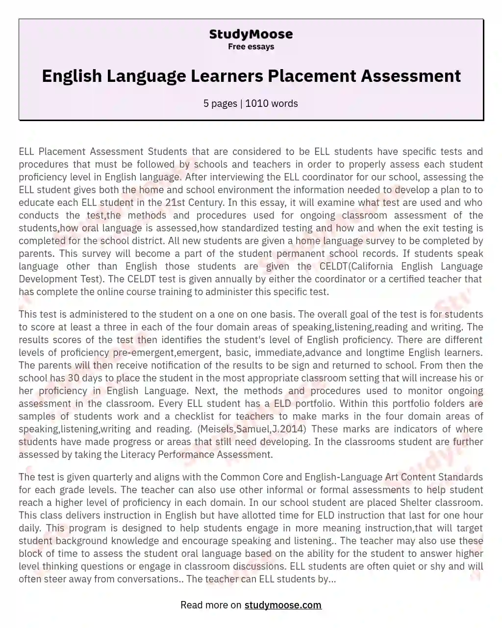 English Language Learners Placement Assessment essay