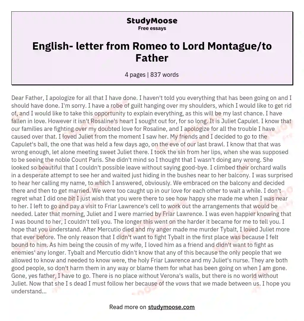 English- letter from Romeo to Lord Montague/to Father essay