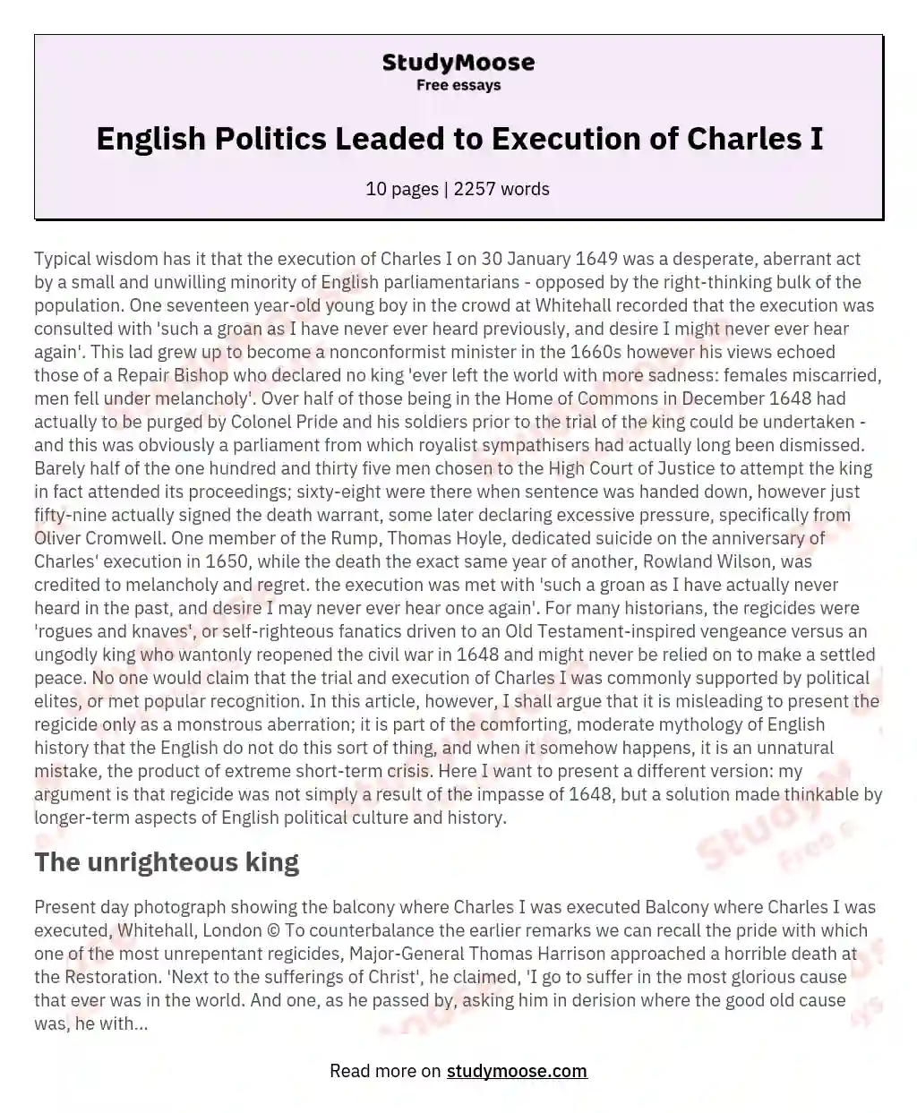 English Politics Leaded to Execution of Charles I essay