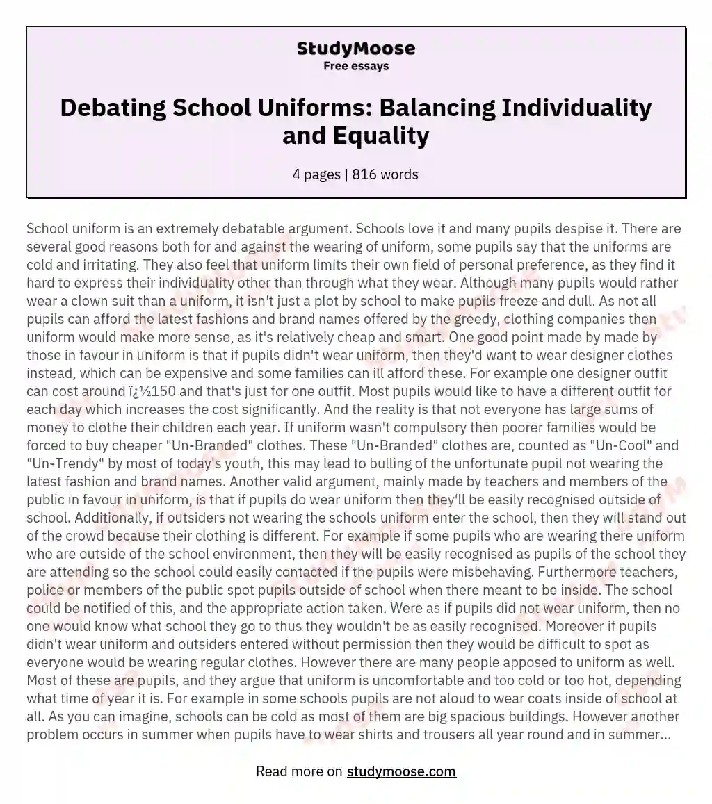 Debating School Uniforms: Balancing Individuality and Equality essay